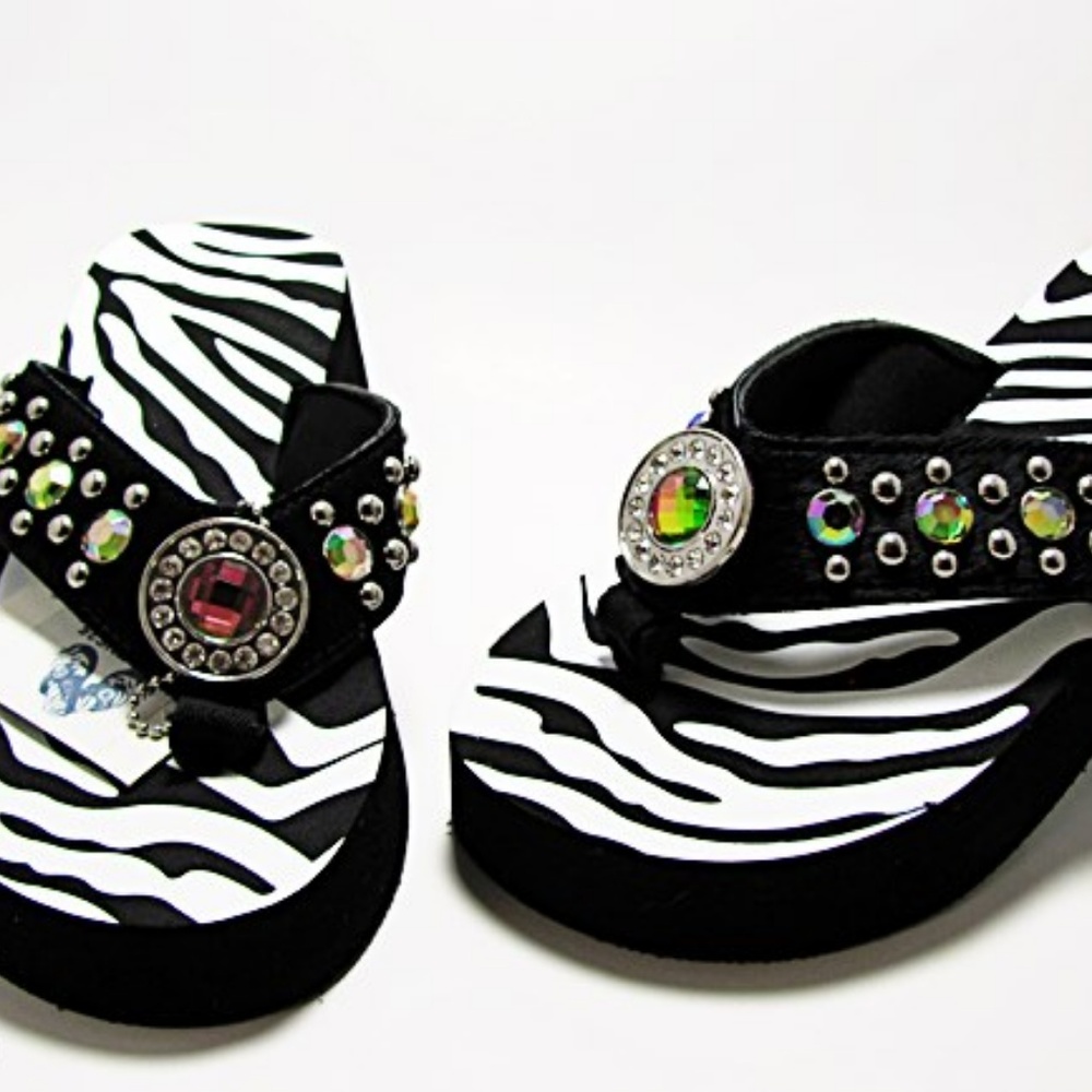 Zebra Print Calf-hair Flip-Flops w/ Cabochon Rhins